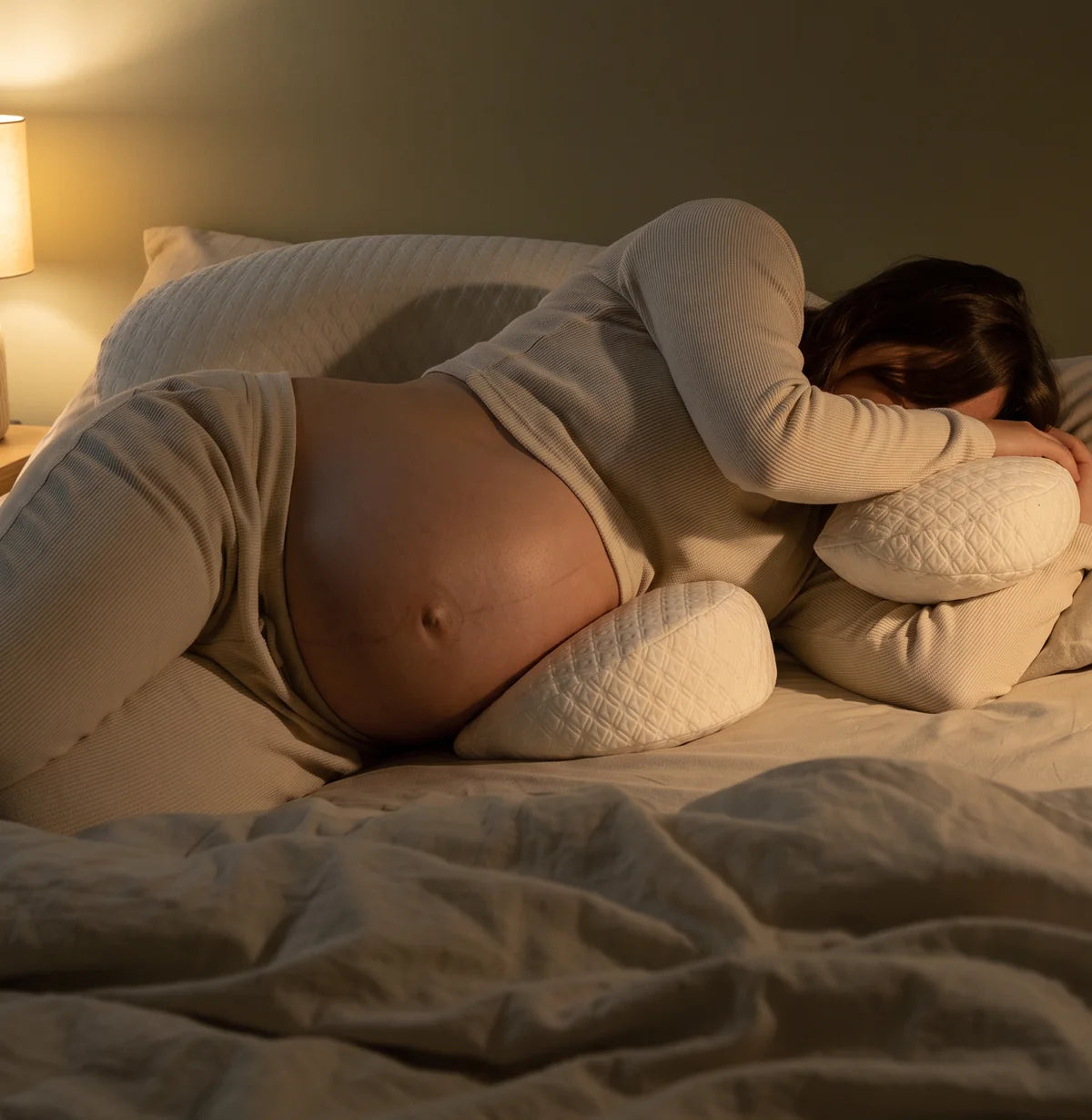 Une femme enceinte dort sur le côté, le coussin calé sous le ventre et dans le dos