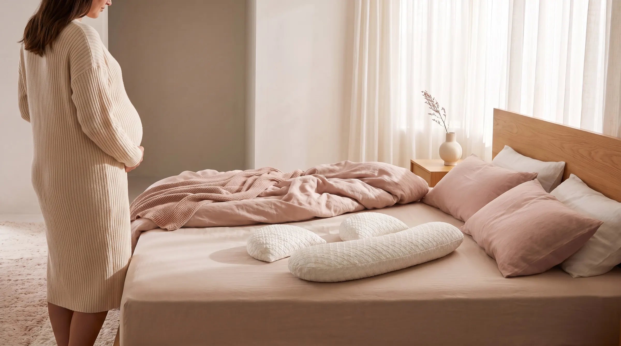 Chambre au petit matin : une femme enceinte se tient près du lit, le coussin de grossesse posé sur les draps